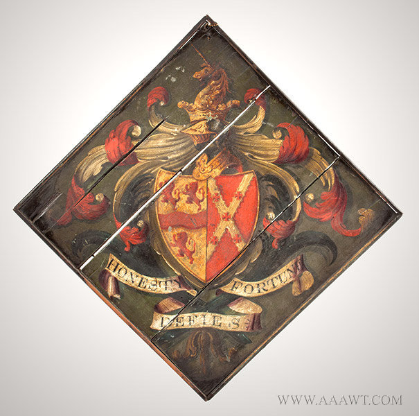 Hatchment, Painted Wood, Bearing Motto, Honesty Defies Fortune
Coat of arms celebrating family distinction and lineage
England, 19th Century, entire view